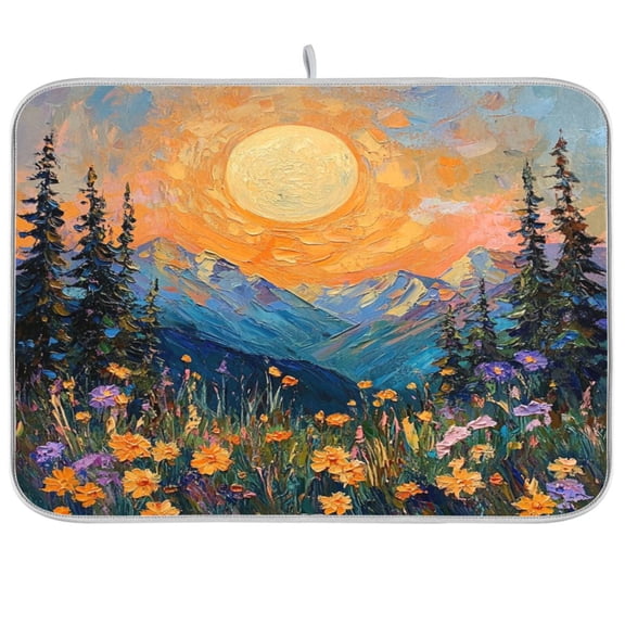 Dish Drying Mat for Kitchen Counter | Reversible, Super Absorbent & Hanging | 16x18 / 18x24 Inch (S/M),Sun and Flowers