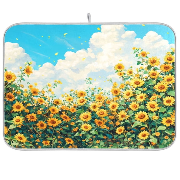 Dish Drying Mat for Kitchen Counter | Reversible, Super Absorbent & Hanging | 16x18 / 18x24 Inch (S/M)，Sunflower Flower