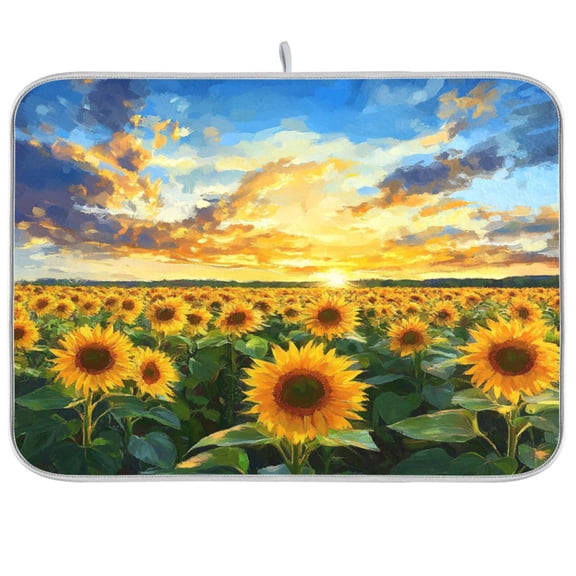 Dish Drying Mat for Kitchen Counter | Reversible, Super Absorbent & Hanging | 16x18 / 18x24 Inch (S/M)，Sunflower