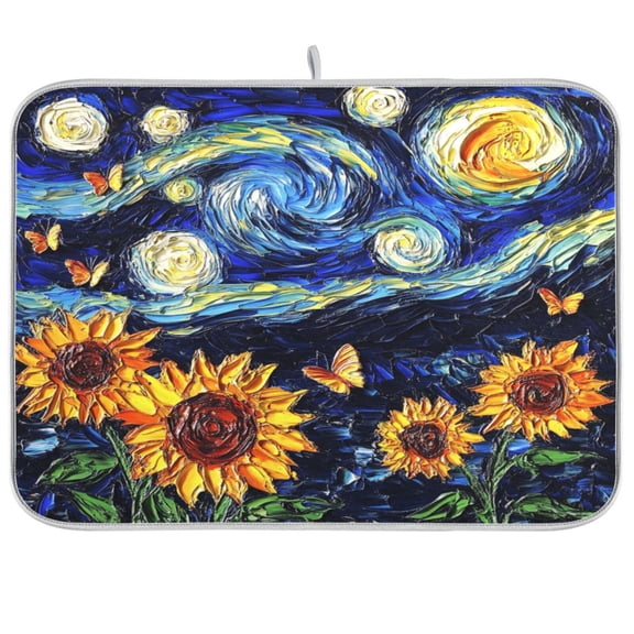 Dish Drying Mat for Kitchen Counter | Reversible, Super Absorbent & Hanging | 16x18 / 18x24 Inch (S/M)，Sunflowers and Sky