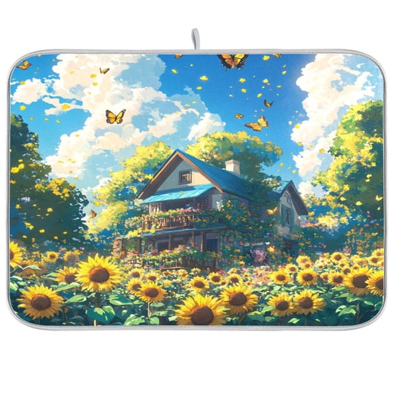 Dish Drying Mat for Kitchen Counter | Reversible, Super Absorbent & Hanging | 16x18 / 18x24 Inch (S/M),Sunflowers