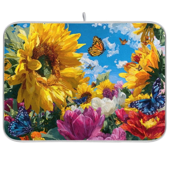 Dish Drying Mat for Kitchen Counter | Reversible, Super Absorbent & Hanging | 16x18 / 18x24 Inch (S/M),Sunflowers