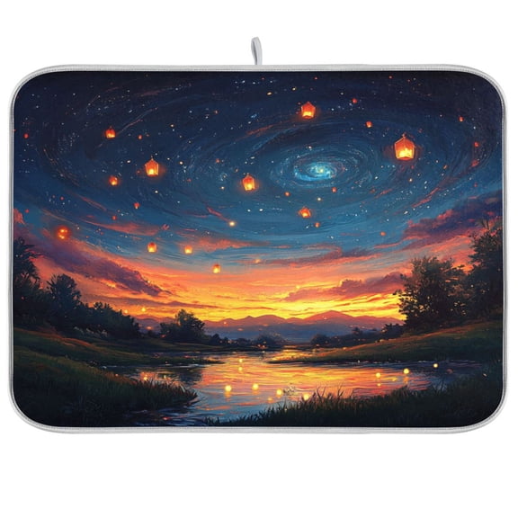 Dish Drying Mat for Kitchen Counter | Reversible, Super Absorbent & Hanging | 16x18 / 18x24 Inch (S/M)，Sunset Sky