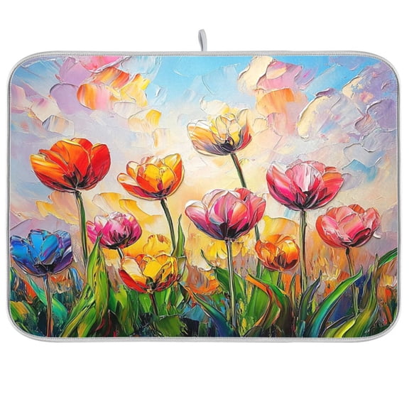 Dish Drying Mat for Kitchen Counter | Reversible, Super Absorbent & Hanging | 16x18 / 18x24 Inch (S/M)，Ten Flowers