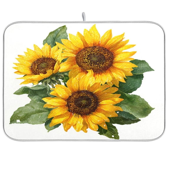 Dish Drying Mat for Kitchen Counter | Reversible, Super Absorbent & Hanging | 16x18 / 18x24 Inch (S/M),Three Sunflowers