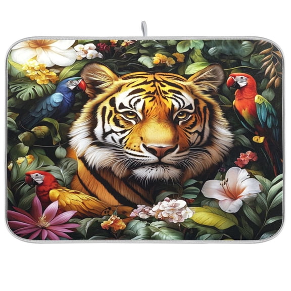 Dish Drying Mat for Kitchen Counter | Reversible, Super Absorbent & Hanging | 16x18 / 18x24 Inch (S/M)，Tiger