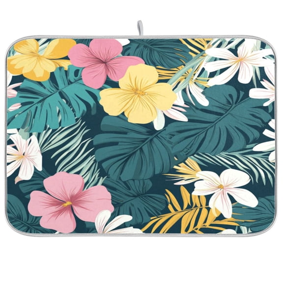 Dish Drying Mat for Kitchen Counter | Reversible, Super Absorbent & Hanging | 16x18 / 18x24 Inch (S/M),Tropical Leaves and Flowers