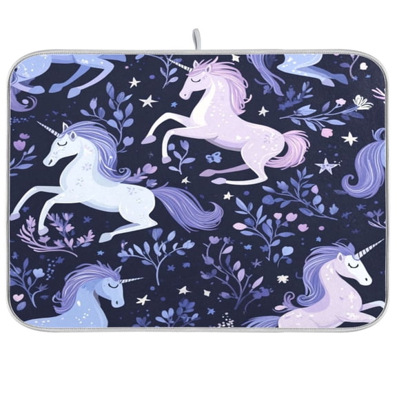 Dish Drying Mat for Kitchen Counter | Reversible, Super Absorbent & Hanging | 16x18 / 18x24 Inch (S/M),Unicorns and Stars