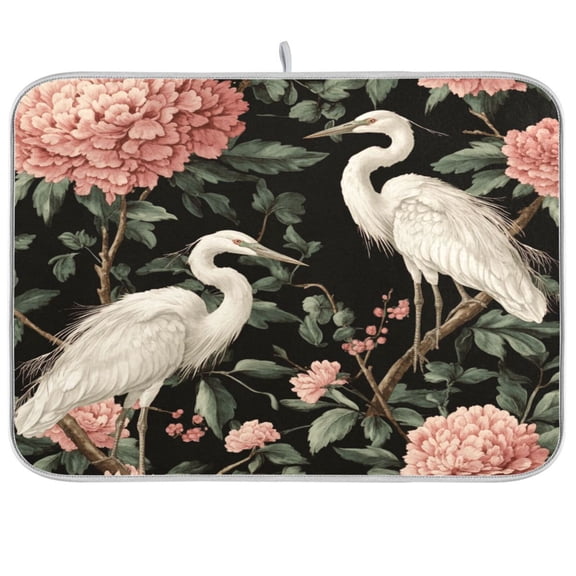 Dish Drying Mat for Kitchen Counter | Reversible, Super Absorbent & Hanging | 16x18 / 18x24 Inch (S/M),White Egrets and Flowers