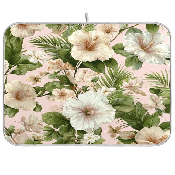Dish Drying Mat for Kitchen Counter | Reversible, Super Absorbent & Hanging | 16x18 / 18x24 Inch (S/M),White Hibiscus Flowers