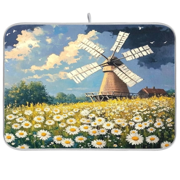 Dish Drying Mat for Kitchen Counter | Reversible, Super Absorbent & Hanging | 16x18 / 18x24 Inch (S/M),Windmill and Daisy