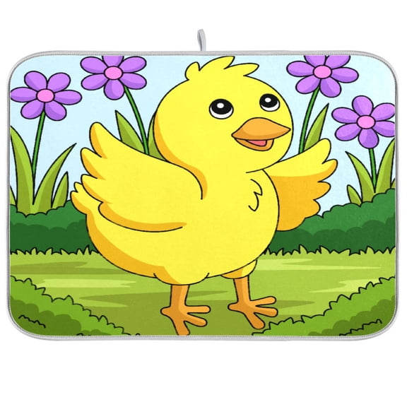 Dish Drying Mat for Kitchen Counter | Reversible, Super Absorbent & Hanging | 16x18 / 18x24 Inch (S/M),Yellow Chick