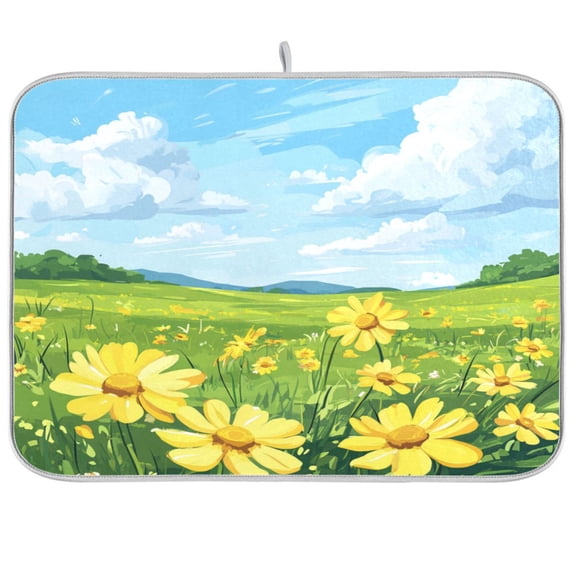Dish Drying Mat for Kitchen Counter | Reversible, Super Absorbent & Hanging | 16x18 / 18x24 Inch (S/M),Yellow Flowers