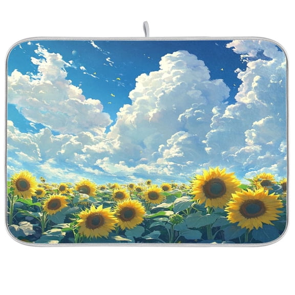 Dish Drying Mat for Kitchen Counter | Reversible, Super Absorbent & Hanging | 16x18 / 18x24 Inch (S/M)，Yellow Sunflowers