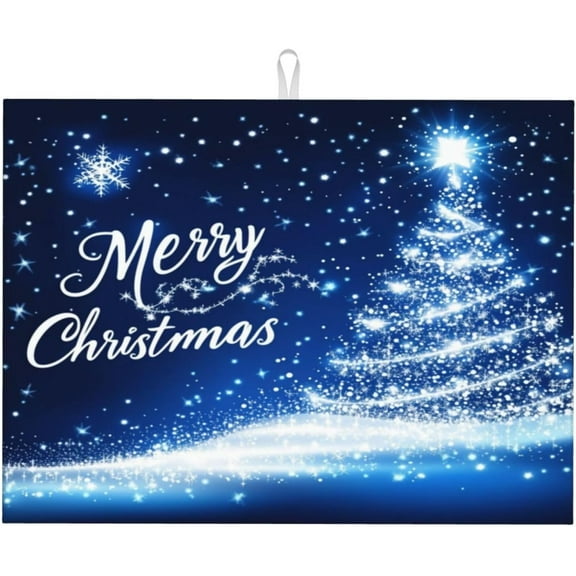 Dish Drying Mat for Kitchen Merry Christmas Blue Tree Counter Absorbent Dishes Drainer Microfiber Large 18x24 Inch