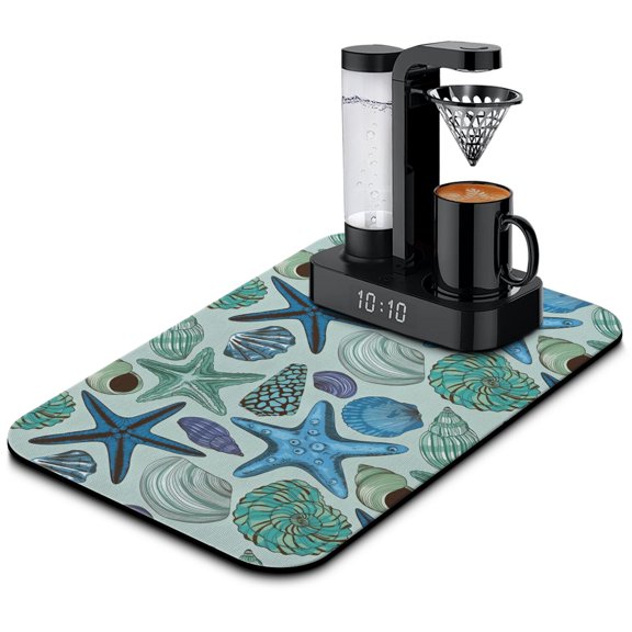 Dish Drying Mat with starfish and underwater coral reef Design - Absorbent Diatomite Coffee Mat, Leak-Proof & Quick Dry Pad for Summer Marine Kitchen Bar Decor