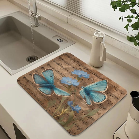 Dish Drying Mats Diatomaceous Earth Super Absorbent Non-slip Rubber Sole 15.7×11.8in Butterfly and Vintage Sheet Music