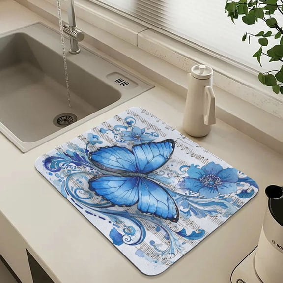 Dish Drying Mats Diatomaceous Earth Super Absorbent Non-slip Rubber Sole 15.7×11.8in Fantasy Butterfly on Sheet Music