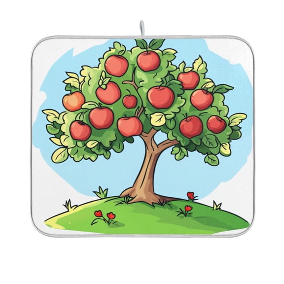 Dish Drying Mats Double Sided Reversible Kitchen Drying Mat with Hanging Loop A Cartoon Apple Tree