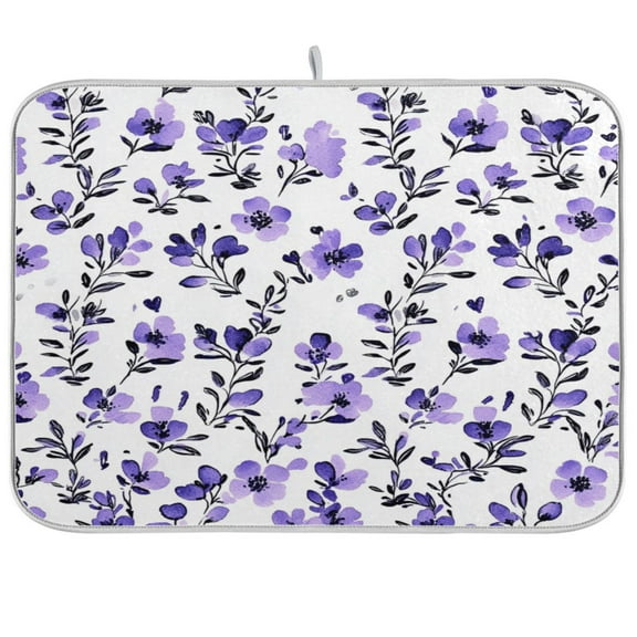 Dish Drying Mats Double Sided Reversible Kitchen Drying Mat with Hanging Loop Purple Flowers Pattern