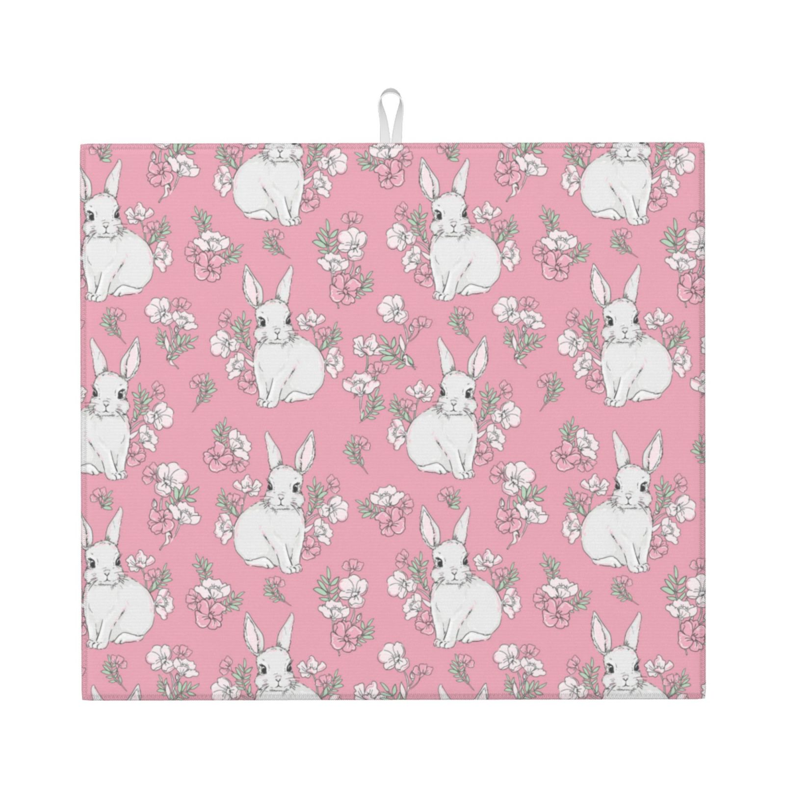 Pink Rabbit Mat Dish Drying Mats for Kitchen Counter, Cute Rabbit Pink Flower 16x18in ...