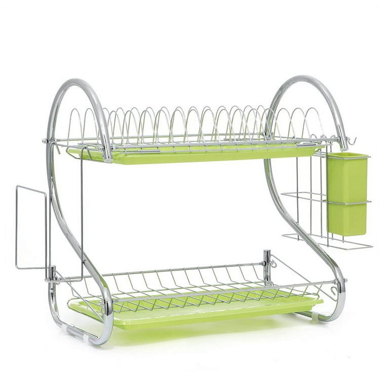 Monvane Dish Drying Rack, 2 Tier Large Stainless Steel Dish Racks Organizer with Drying Mat, Dish Strainers, Kitchen Sink Accessories, Dish Drainer