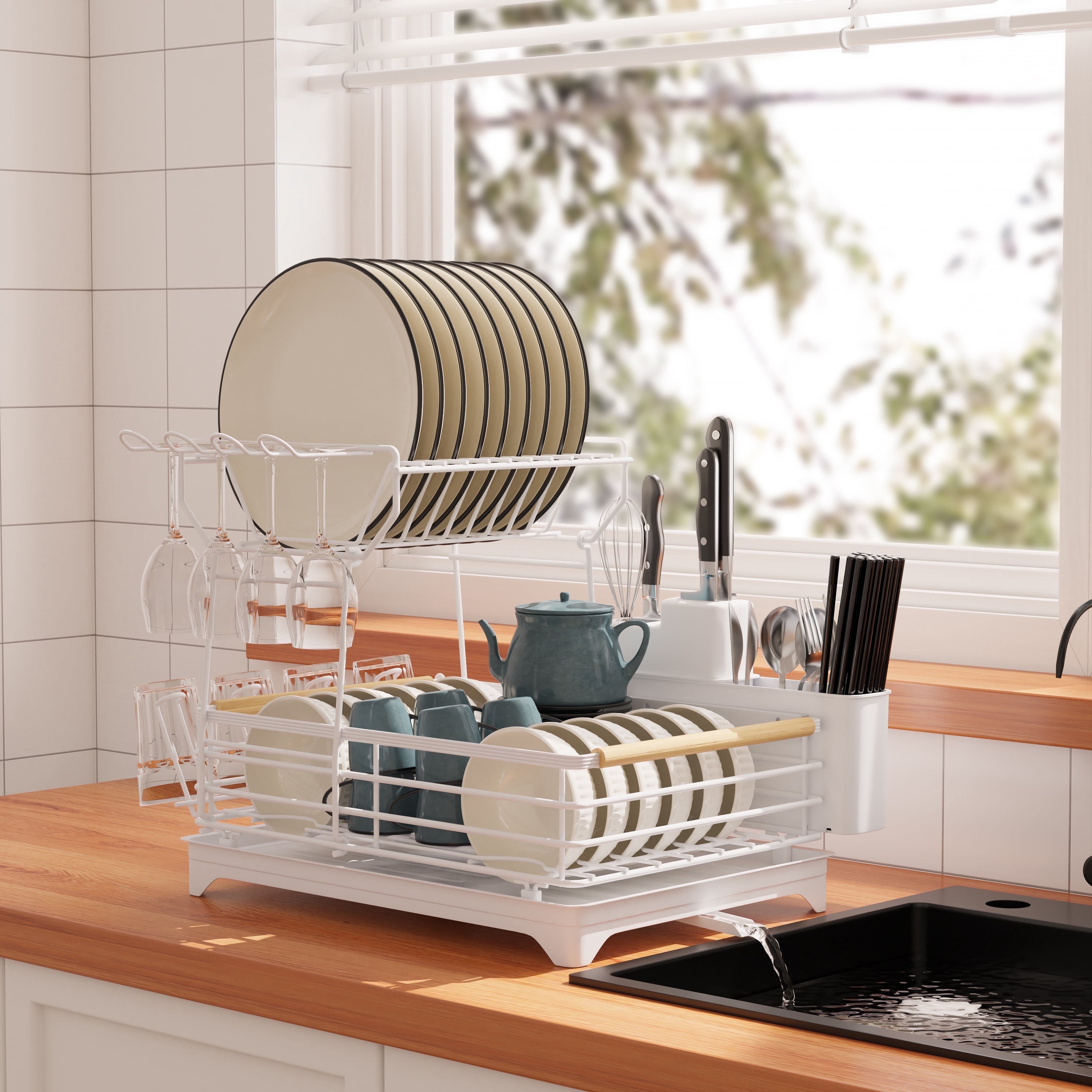 Innovaze Metal Dish Drying Rack, 2 Tier Compact Dish Rack w/Bamboo Holder for Kitchen Counter, White