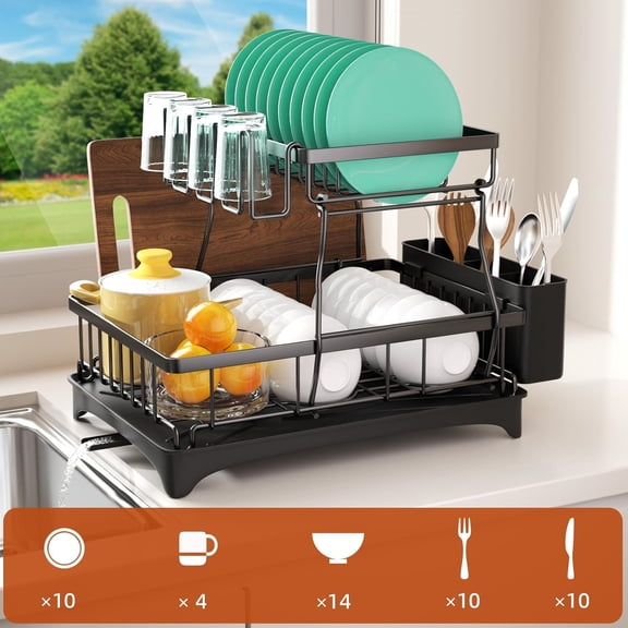 Dish Drying Rack, 2-Tier Dish Rack with Auto-Drain & Mat, Dish Racks for Kitchen Counter, Dish Drainer with Knife, Fork & Cup Rack, Gifts for Women, Mothers Day, Cool Stuff & Kitchen Gadgets