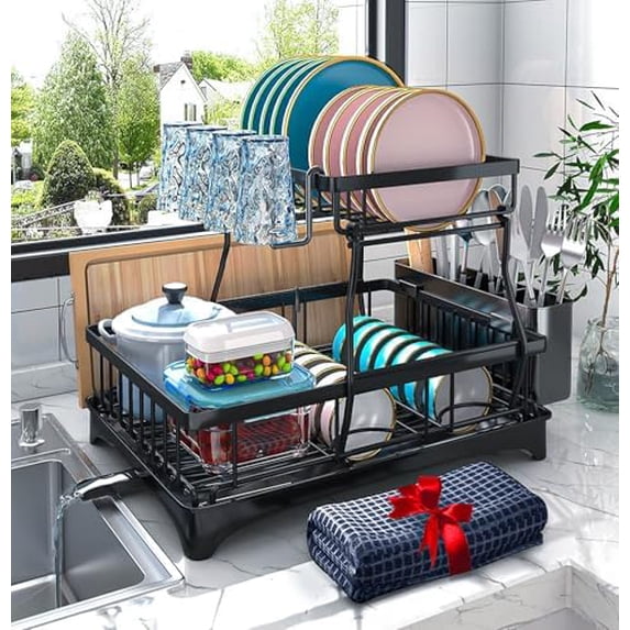 Dish Drying Rack, 2-Tier Dish Rack with Auto-Drain & Mat, Dish Racks for Kitchen Counter, Dish Drainer with Knife, Fork & Cup Rack, Gifts for Women, Mothers Day, Cool Stuff & Kitchen Gadgets