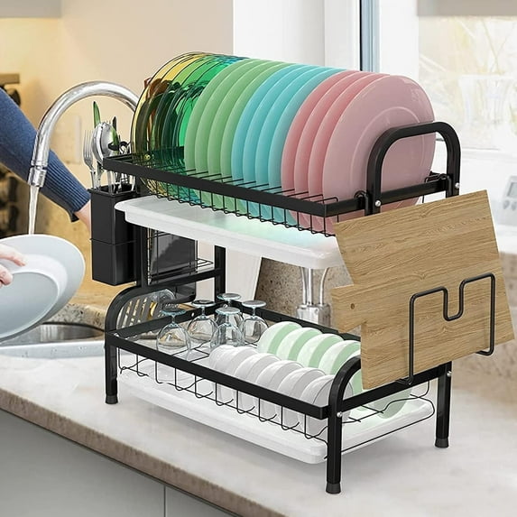Dish Drying Rack - 2 Tier Dish Rack with Drain Spout, Rust Resistant Dish Drainer with Cup Holder and Utensil Holder for Kitchen Countertop Small Saving Space, Black