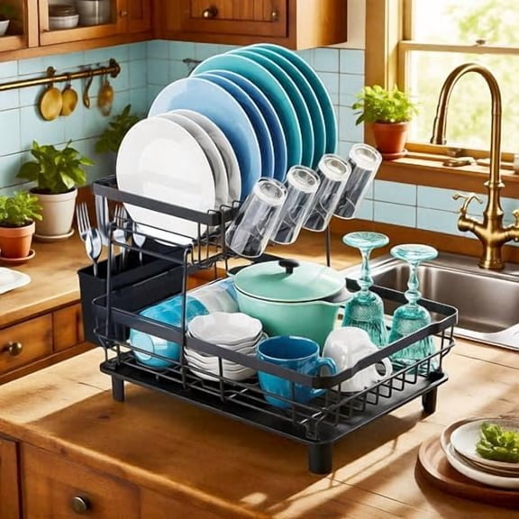 Dish Drying Rack, 2 Tier Dish Rack, Large Dish Racks for Kitchen Counter, Dish Drainer with Removable Utensil Holder, Drainboard (Black)