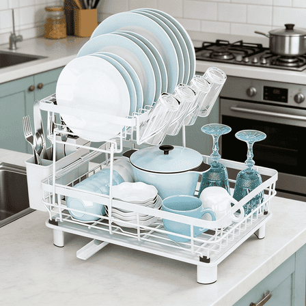 Dish Drying Rack,Stainless Steel Dish Rack for Kitchen Counter,2-Tier Dish Drainer with Detachable Utensil Holder,Cup Holder and Swivel Spout,White