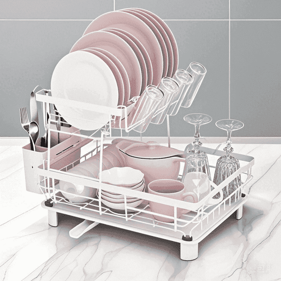 Dish Drying Rack, 2-Tier Dish Rack, Stainless Steel Tableware Rack with Detachable Utensil Holder, Plate Rack and Drip Tray, White