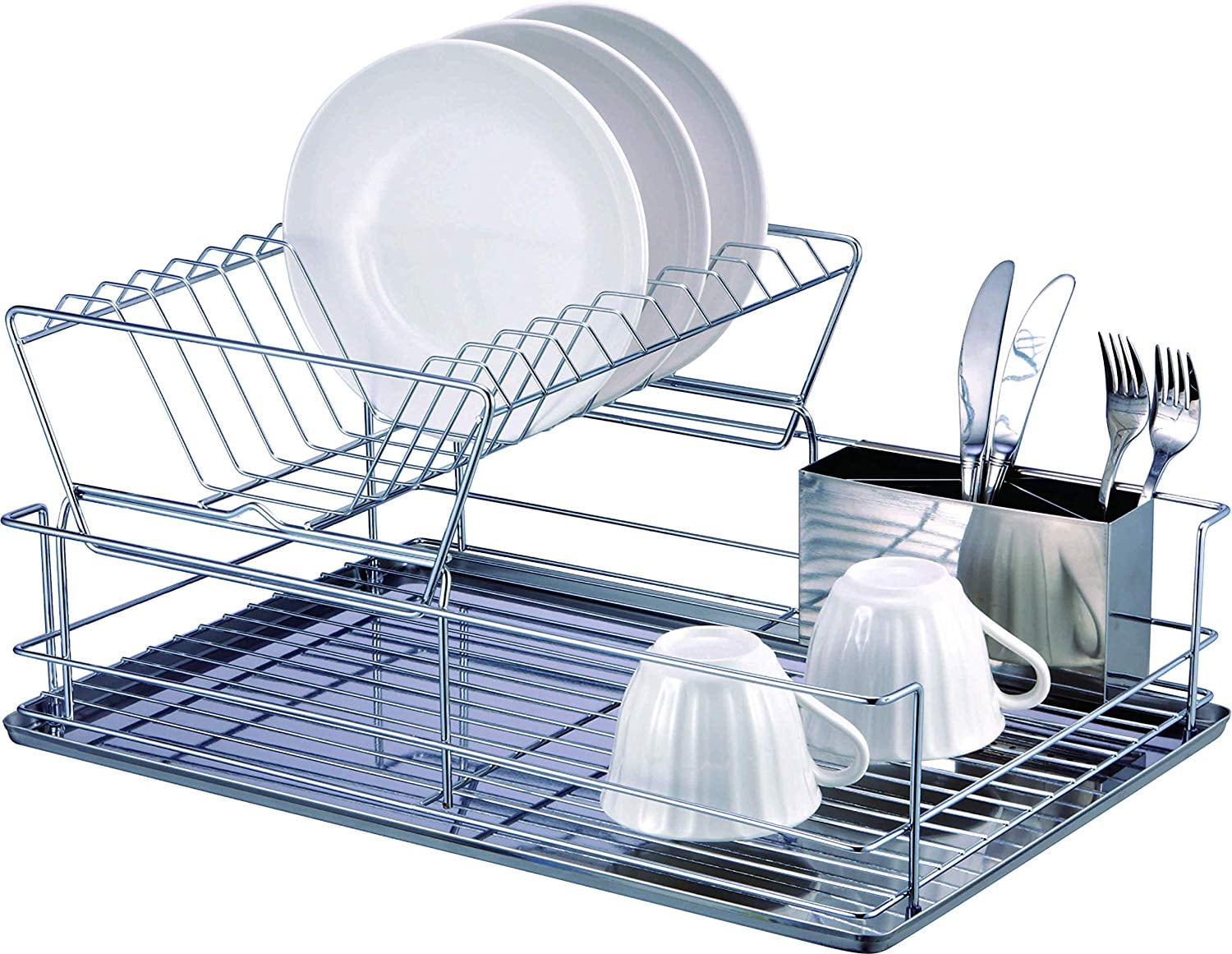 Silver 2-Tier Stainless Steel Dish Rack with Utensil Cup