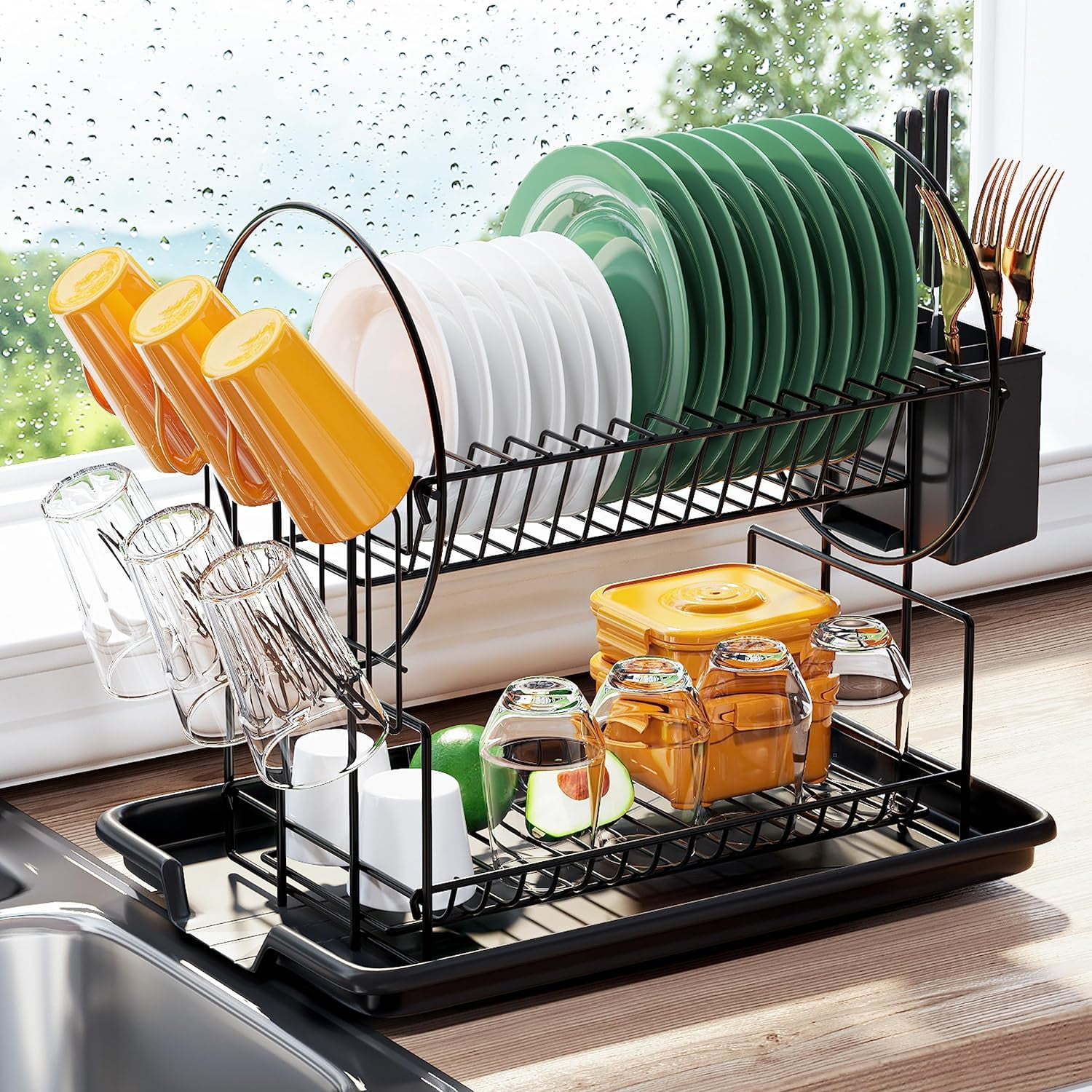 Black Metal 2-Tier Dish Drying Rack with Utensil Cup