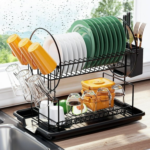 BN-LINK Dish Drying Rack - 2 Tier Dish Racks for Kitchen Counter with Drainboard, Utensil & Wine Glass Holder, Multifunctional Dish Drainer for Kitchen Organization, Black