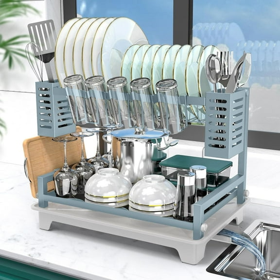 Dish Drying Rack, 2 Tier Dish Racks for Kitchen Counter, Large Dish Drying Rack with Drainboard & Utensil Holders, Rust-Proof Dish Drainers,Kitchen Organization