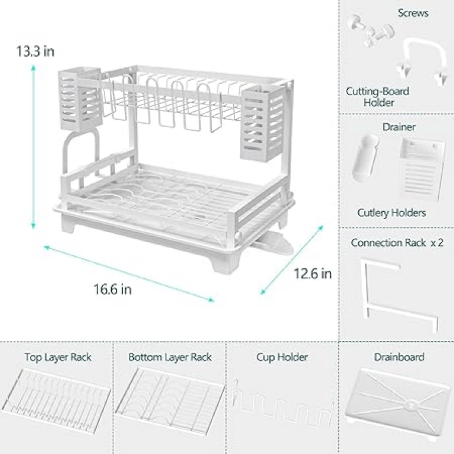 Dish Drying Rack, 2 Tier Dish Racks for Kitchen Counter, Large Dish Drying Rack with Drainboard & Utensil Holders, Rust-Proof Dish Drainers,Kitchen Organization