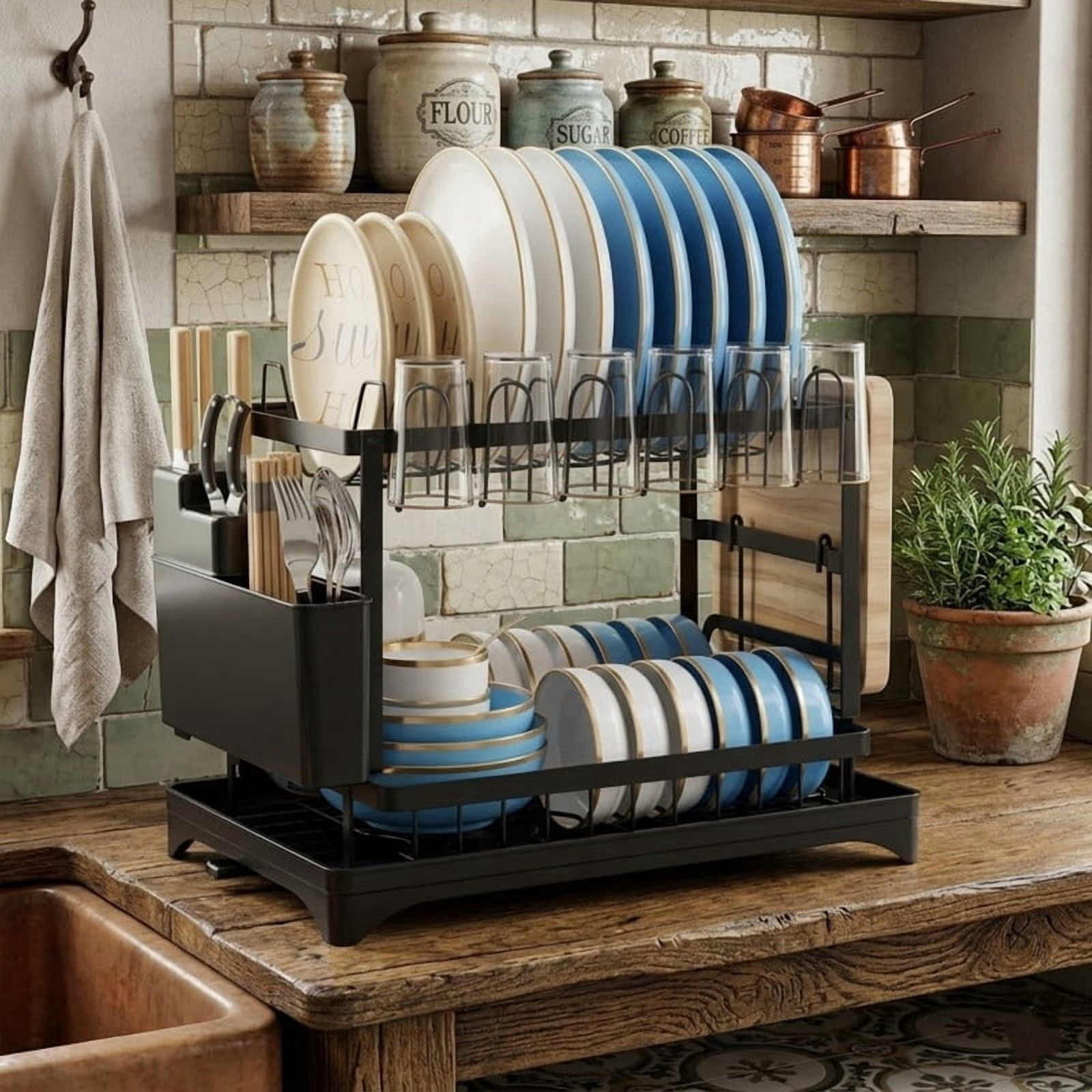 Dish Drying Rack, 2 Tier Large Dish Drying Rack for Kitchen Counter with Drainboard Stainless Steel Dish Drainer for Dish/Knifes/Cup/Cutting Board