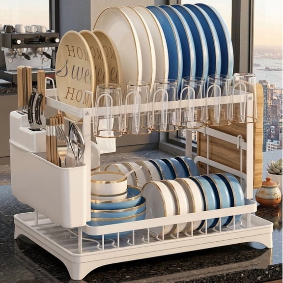 Dish Drying Rack, 2 Tier Large Dish Drying Rack for Kitchen Counter with Drainboard Stainless Steel Dish Drainer for Dish/Knifes/Cup/Cutting Board