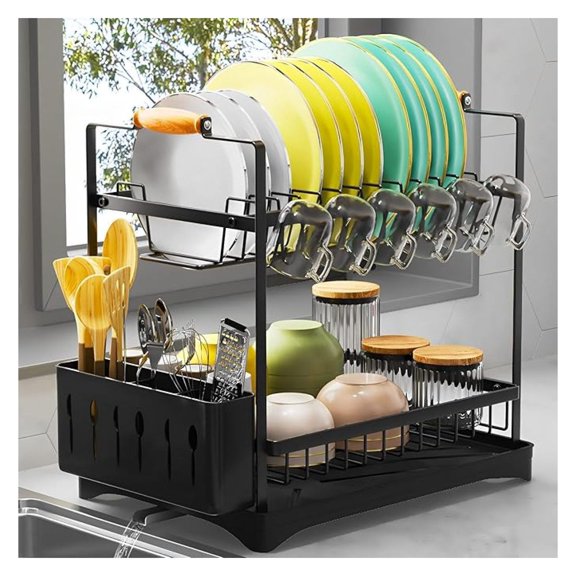 Dish Drying Rack 2 Tier - Large Kitchen Countertop Rack with Drainboard & Cutlery Holder - Black - 16.54" x 11.81" x 17.71" - Space Saving Dish Drainer