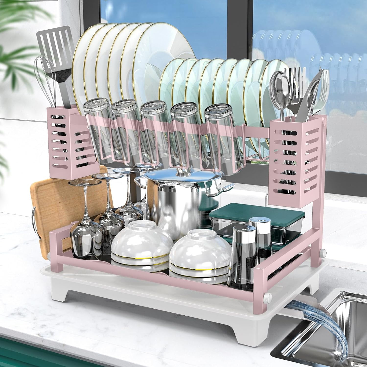 Pink 2-Tier Stainless Steel Dish Drying Rack with Utensil Cup
