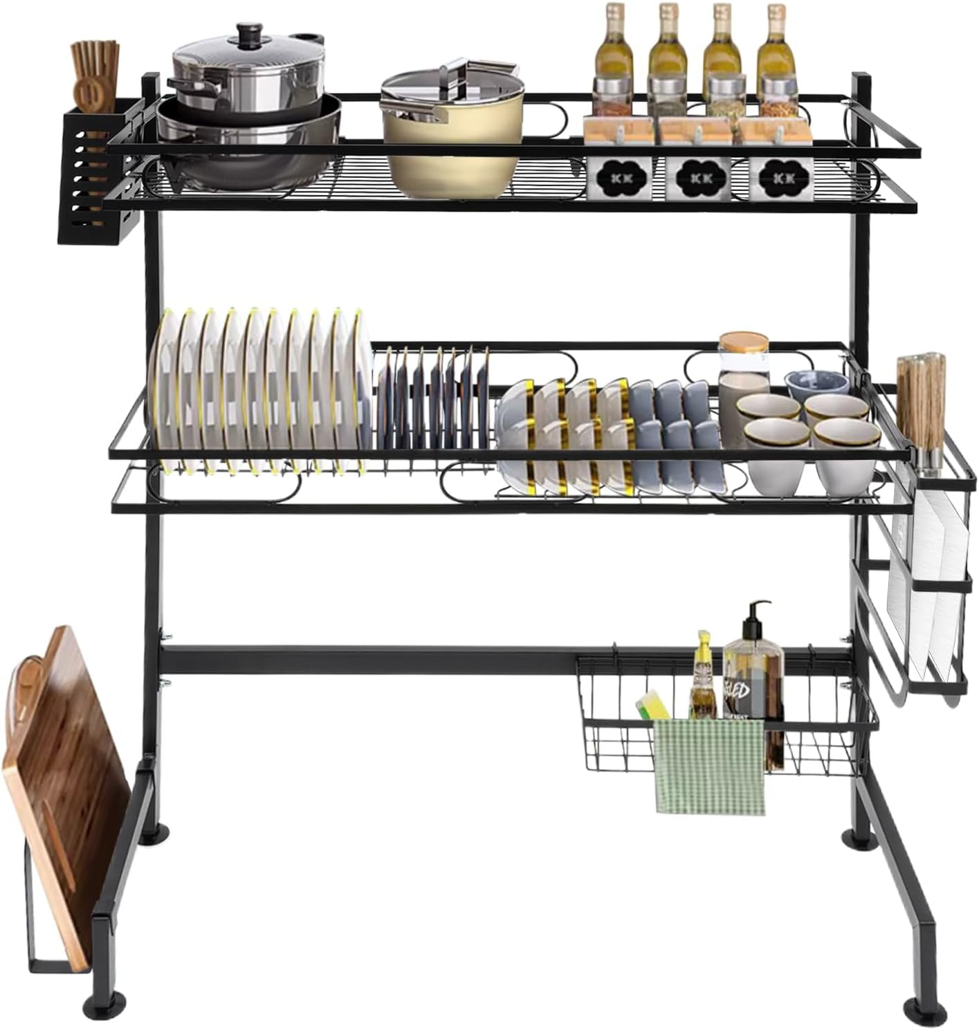 Dish Drying Rack 2-Tier Over Sink Dish Dryer Rack with Drainer 8 Hooks & Different Rack Cutlery Shelf Cup Organizing Metal Dishrack Set for Kitchen Counter