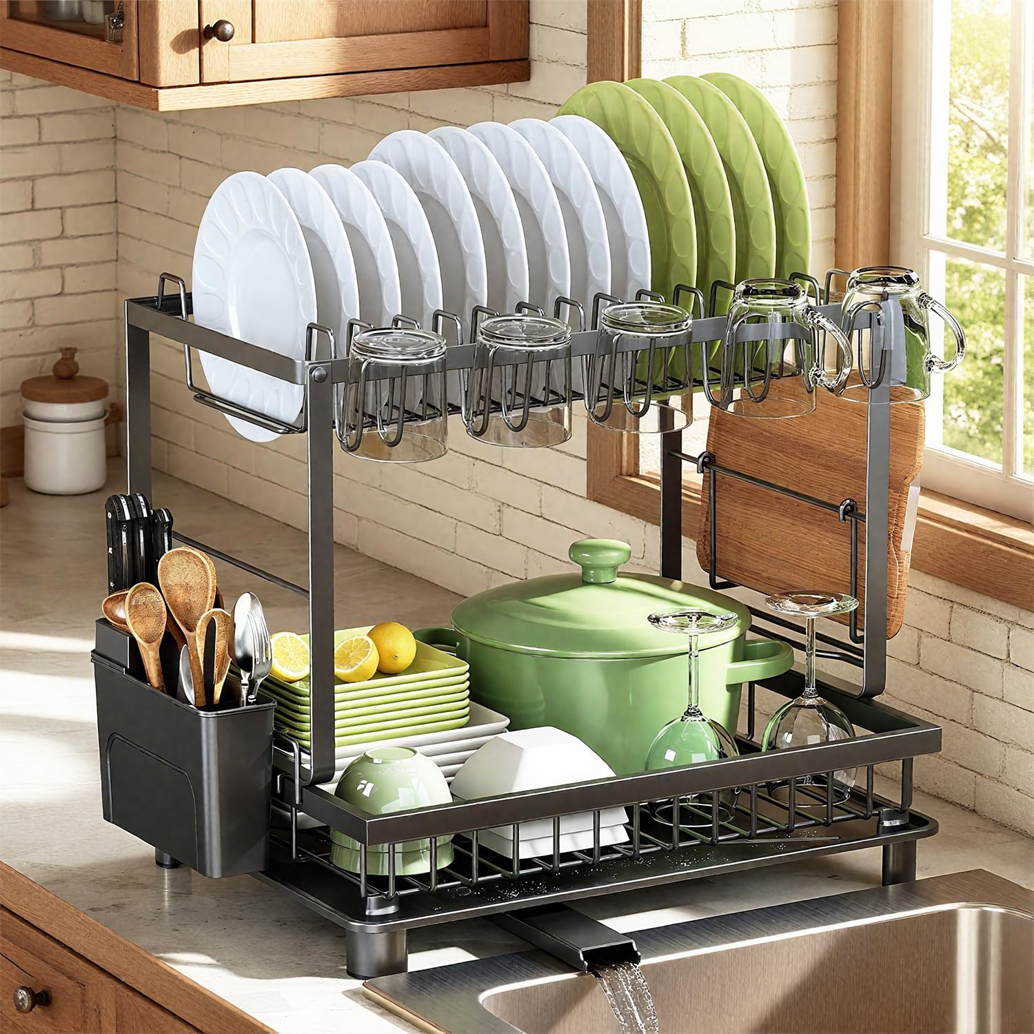 2 Tier Black Rustproof Carbon Steel Dish Drying Rack with Drainboard and Utensil Cup Holder