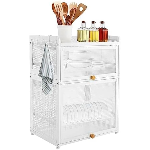 Dish Drying Rack, 3 Tiers Dish Rack for Kitchen Counter, Dish Organizer Cutlery Drainer with Door and Detachable Drip Tray, Modern Free-Standing Storage Box Basket for Bowls, White