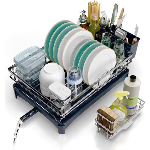 Dish Drying Rack, 304 Stainless Steel Dish Racks for Kitchen Counter with Cutlery Holder & Sponge Holder, Large Dish Drainer with Removable Drainboard, 11.8''W x 16.7''L (Stainless Steel)
