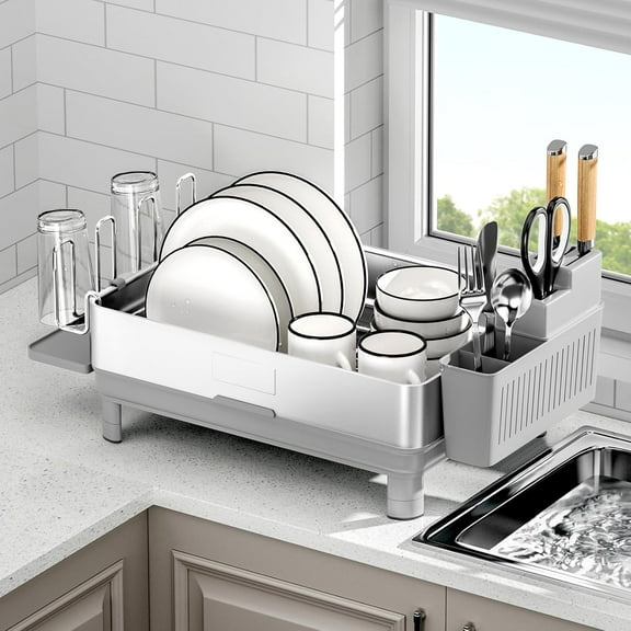 Dish Drying Rack, 304 Stainless Steel Dish Racks for Kitchen Counter, Dish Drainers with Automatic Drainage, Utensil Holder & Cups Holder, Space Saving Kitchen Organizer, Gray