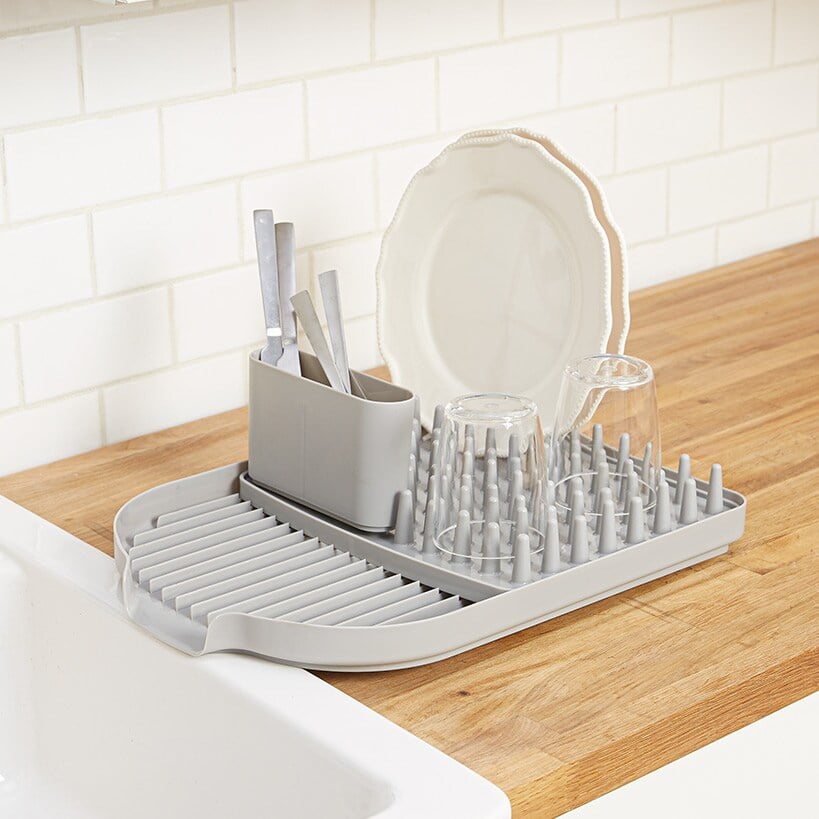 Gray Polypropylene 3-Piece Dish Drying Rack with Flatware Holder