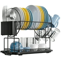 Dish Drying Rack, Black 2 Tier Dish Drainer Racks with Tray, Cup Utensil Holder for Kitchen (15*9.3*14.6 in)