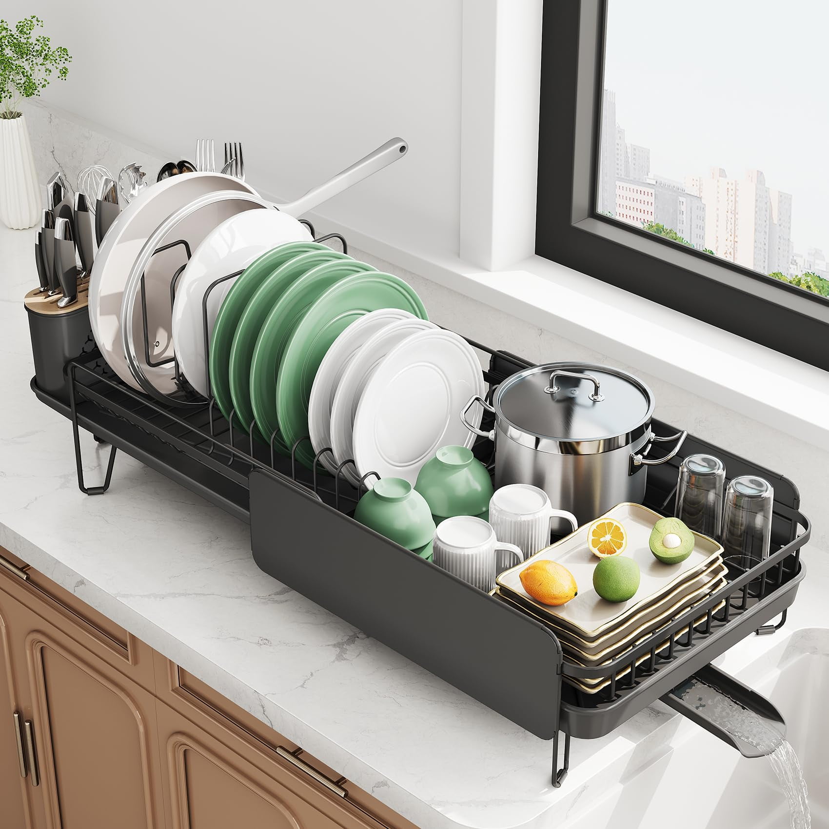 Dish Drying Rack Black Stainless Steel Expandable for Kitchen Counter